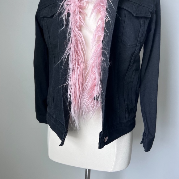 Shaci Fur Jacket Black Jean Jacket Pink Faux Fur - Picture 8 of 16